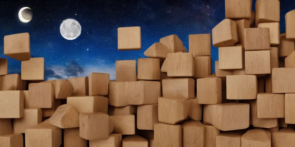 Image similar to Land of randomly placed wooden blocks, night sky, moon lighting, clouds,