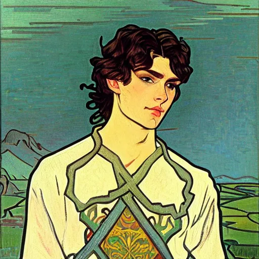 Prompt: portrait painting of young handsome beautiful paladin elf!! man with long! wavy dark hair and blue eyes in his 2 0 s named taehyung minjun james fighting a group of goblins, pale, wearing armor!, modest, elegant, cute, delicate, soft facial features, art by alphonse mucha, vincent van gogh, egon schiele,