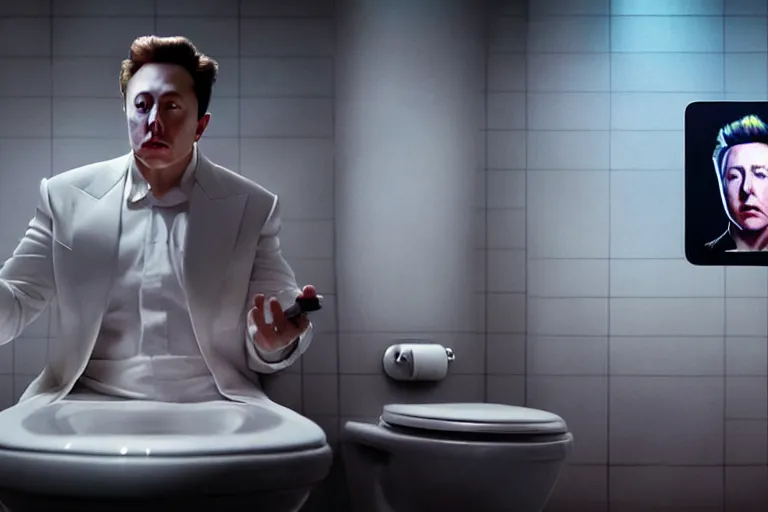 Image similar to hyperrealism aesthetic ridley scott and denis villeneuve style photography of a detailed hyperrealism elon musk, siting on a detailed hyperrealism toilet and scrolling his detailed smartphone in hyperrealism scene from detailed art house movie in style of alejandro jodorowsky and wes anderson volumetric ambient light