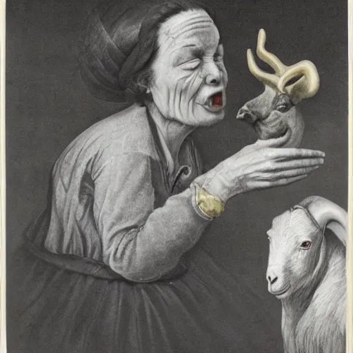 Prompt: a surrealist image of an old woman swallowing a whole goat