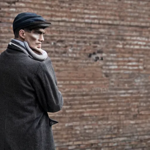 Prompt: thomas shelby leaning on a wall, cinematic, profile perspective