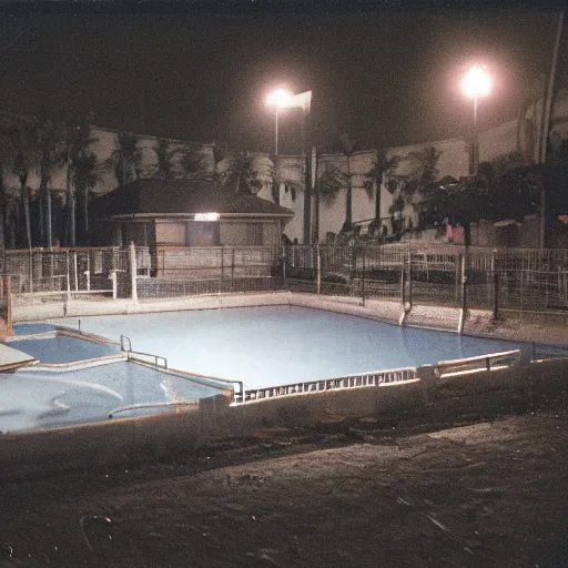 Prompt: a photo of an abandoned water park from the 1 9 9 0 s at night, disposable film