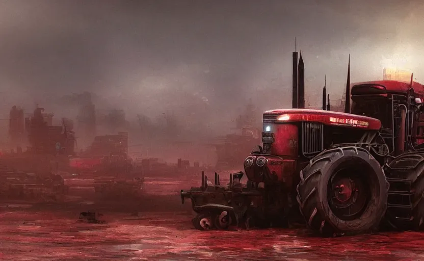 Image similar to a highly detailed beautifuly rendered, tractor that pulls a tank, thick dust and red tones, bladerunner, cyberpunk, lost city, hyper - realistic environment, epic concept art