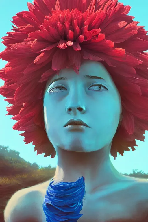 Image similar to closeup giant dahlia flower head, girl sitting on beach, surreal photography, blue sky, sunrise, dramatic light, impressionist painting, digital painting, artstation, simon stalenhag