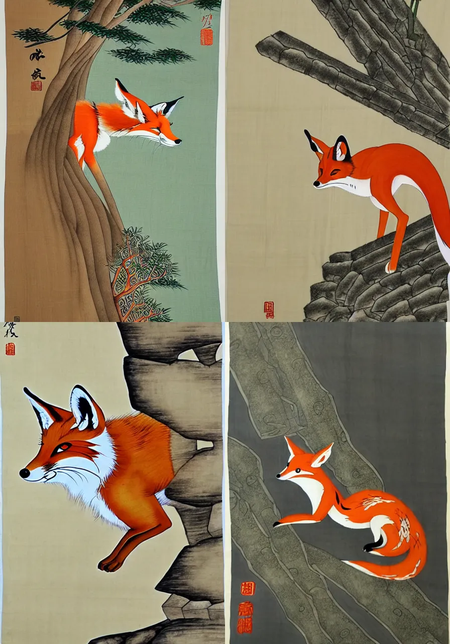 Prompt: sly fox peeking around temple by Shen Quan, trending on tumblr, HD, hanging scroll, ink and colour on silk