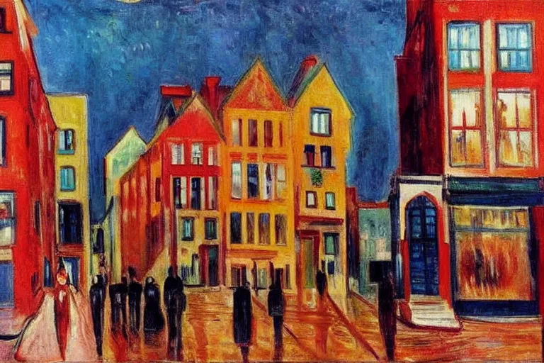 Image similar to unique shops, apartment towers, and cute townhouses along a city street, oil painting by edvard munch