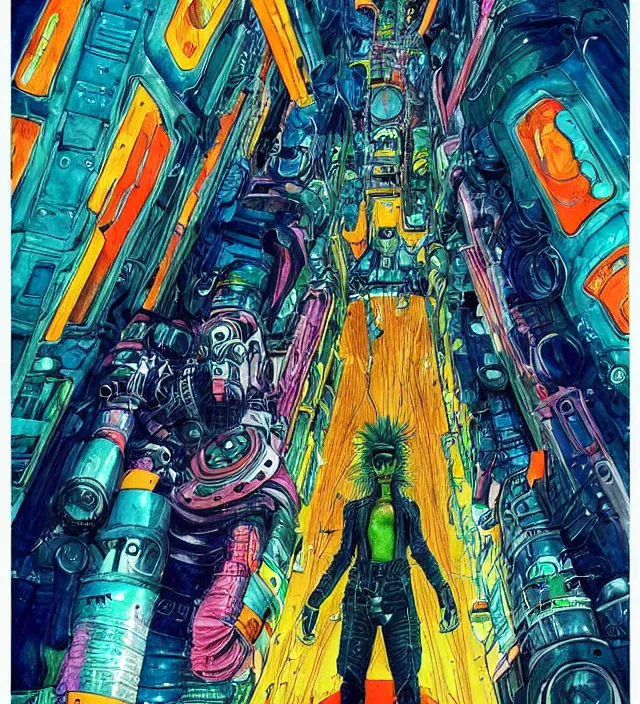 Image similar to a watercolor ink painting of a cybernertic punk / raver in the style of jean giraud in the style of moebius trending on artstation deviantart pinterest detailed realistic hd 8 k high resolution