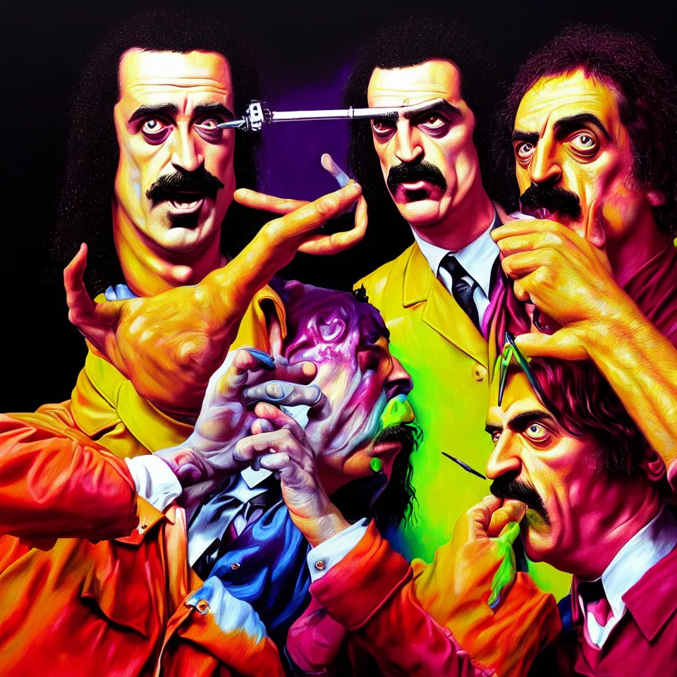 Image similar to bright psychedelic mike patton eating frank zappa who is puking hitler, diffuse lighting, fantasy, intricate, elegant, highly detailed, lifelike, photorealistic, digital painting, artstation, illustration, concept art, smooth, sharp focus, art by francis bacon