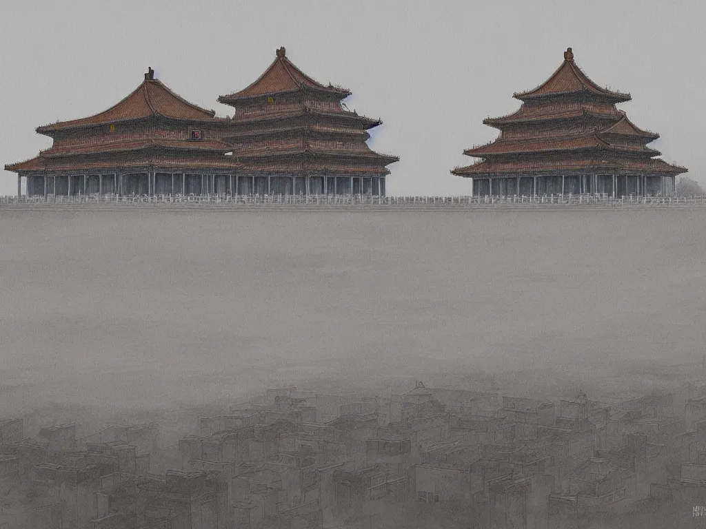 Image similar to forbidden city, highly detailed, cinematic landscape ， ink painting ， foggy