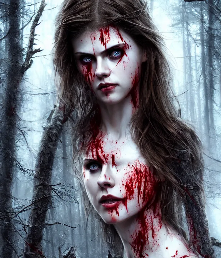 Prompt: photo of a gorgeous nordic female, covered in blood, in dark forest, alexandra daddario face!, realistic, sharp focus, hdr, 8 k, high definition, insanely detailed, intricate, elegant, art by stanley lau and artgerm, luis royo, greg kutkowski