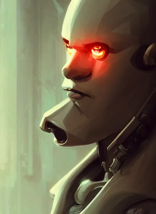 Prompt: bladerunner, cyberpunk, angled facial portrait of a bone ceramic caliente humanoid robot Spanish ninja with an attractive bald head and handsome features, large glowing eyes, macho, piroca, dotado, guapo, reflective surface, by Makoto Shinkai, trending on cgsociety, trending on artstation