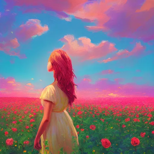 Image similar to large rose head, girl floating in a flower field, surreal photography, sunrise dramatic light, impressionist painting, colorful clouds, digital painting, artstation, simon stalenhag