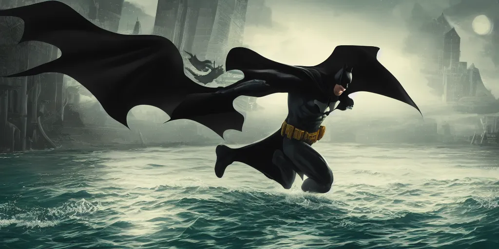 Image similar to Batman going for a swim, hyperdetailed, artstation, cgsociety, 8k