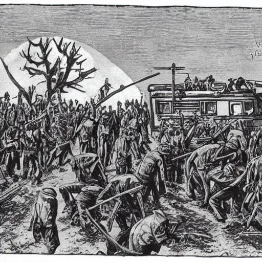 Prompt: A photo of hundreds of ravenous zombies attacking a recreational vehicle that has been shoddily reinforced with metal plates and barbed wire. It's night, under bright moonlight.