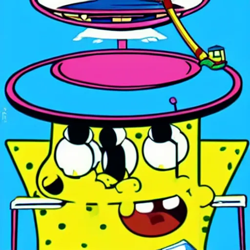 Image similar to sponge bob driving an alien mothership in cartoon network style, vivid colors.