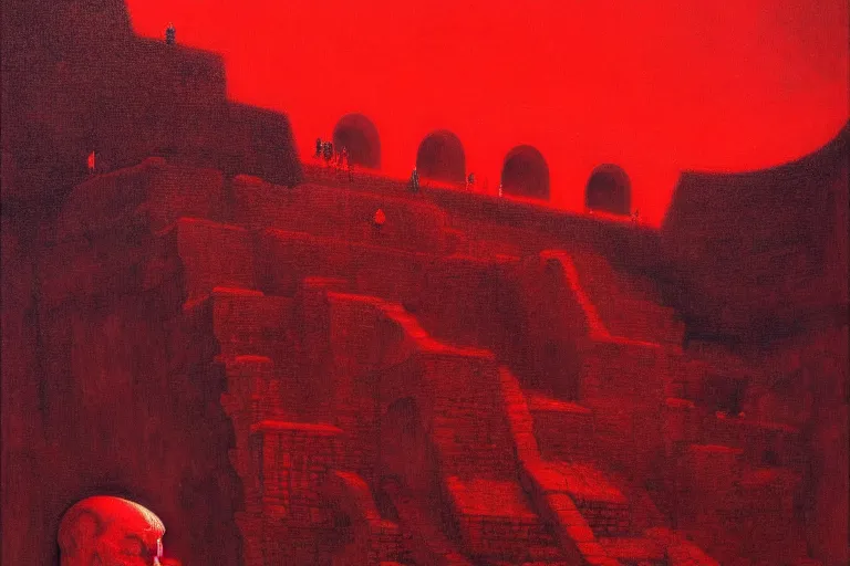 Image similar to only with red, a red melted emperor, taormina amphitheatre, crowd hails him, in the style of beksinski, parts by edward hopper, parts by rodcenko, parts by yue minjun, intricate and epic composition, red by caravaggio, insanely quality, highly detailed, masterpiece, red light, artstation, 4 k