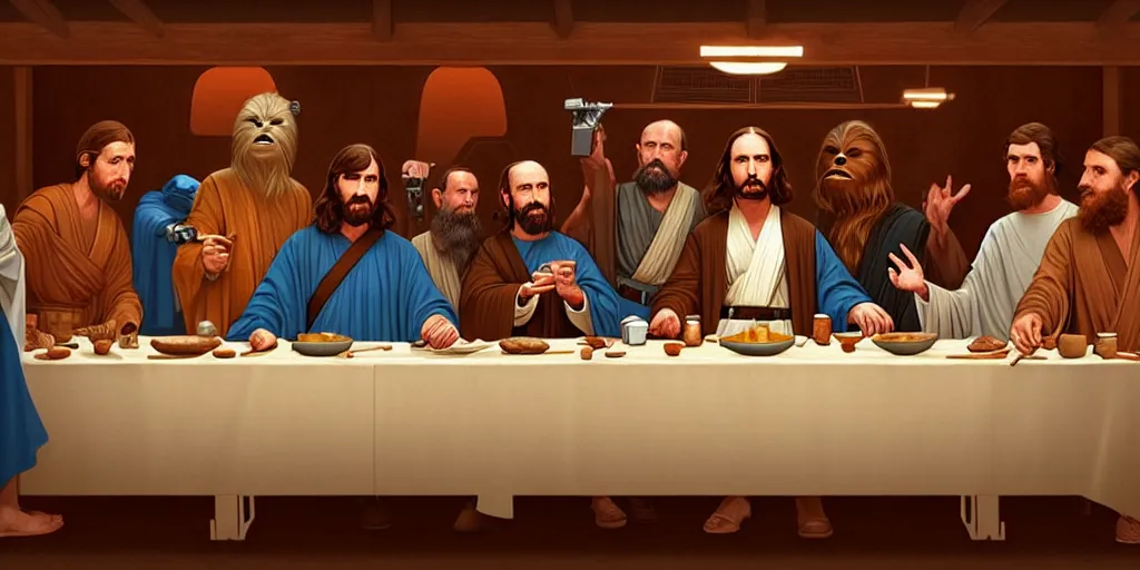 Image similar to star wars last supper by wes anderson, digital painting, trending on artstation, sharp focus, 4 k