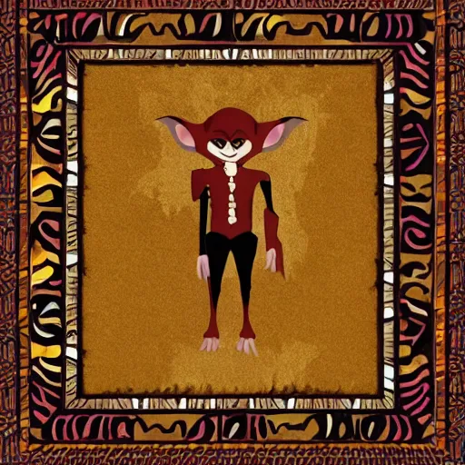 Image similar to charismatic goblin with little smile in suit, art on papyrus, symmetrical