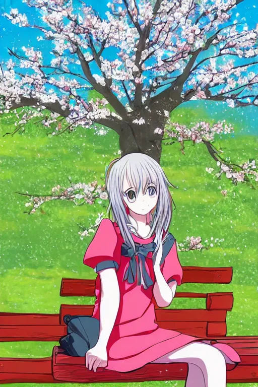 Prompt: anime drawing, anime girl sitting on a bench with blooming cherry trees in the background