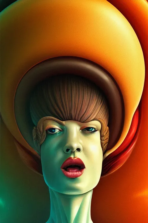 Image similar to art deco close up portait of mushroom head with big mouth surrounded by spheres, rain like a dream digital painting curvalinear clothing cinematic dramatic fluid lines otherworldly vaporwave interesting details epic composition by artgerm