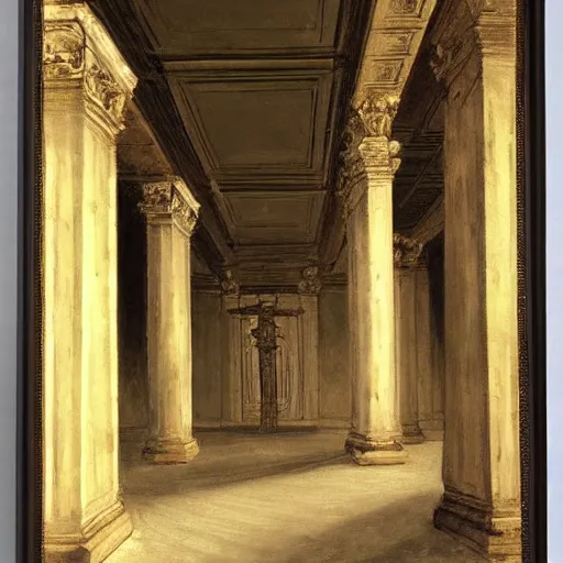 Image similar to painting of a scifi ancient civilzation victorian empty room with pillars, franz ludwig