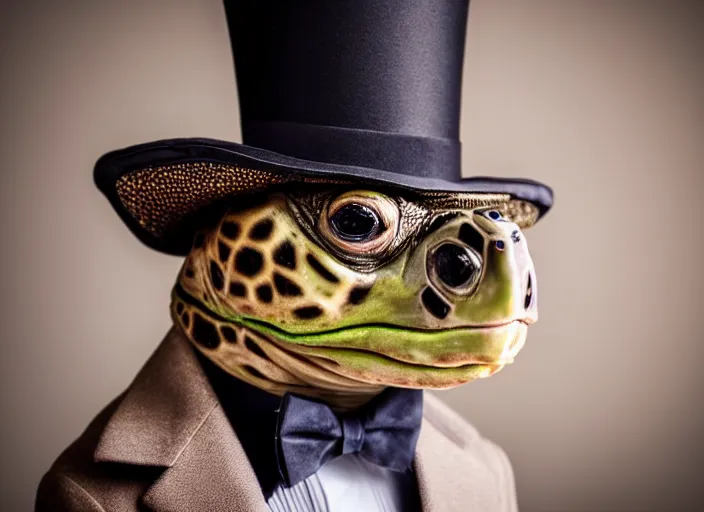 Image similar to photo still of a tortoise wearing a top hat and bowtie, 8 k, studio lighting bright ambient lighting key light, 8 5 mm f 1. 8