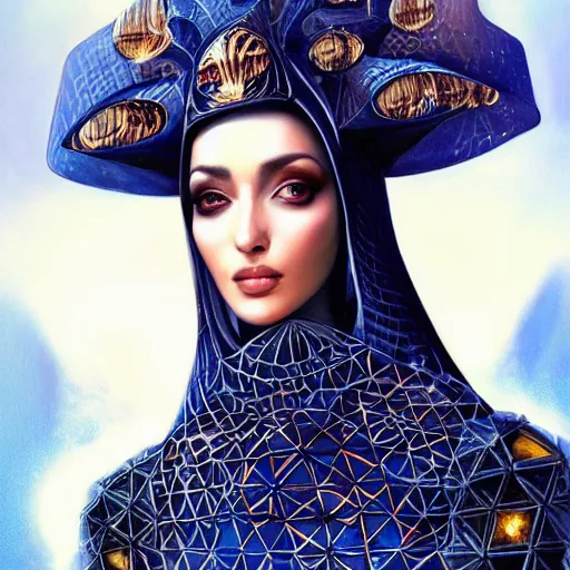 Prompt: a beautiful arabian woman wearing a futuristic dress by alexander mcqueen, thom browne, karol bak, ayami kojima, artgerm, arabian beauty, blue eyes, smile, concept art, fantasy