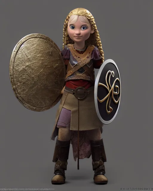 Prompt: a toy of a viking girl with her shield raised to defend, pixar style, authentic viking armor, historically accurate, clean detail, symmetrical, octane render, studio lighting