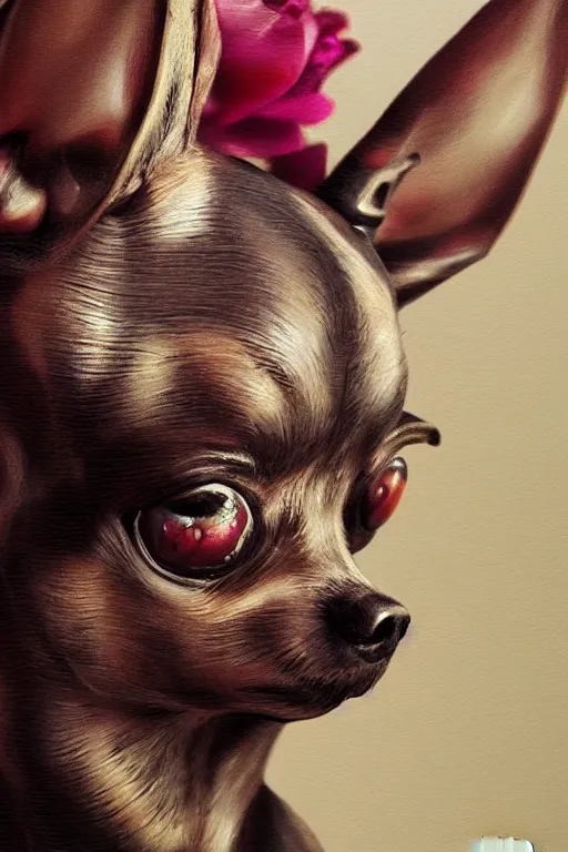 Image similar to ultra realistic illustration, beautiful statue of a chihuahua bouquet, close up shot, cyberpunk, sci-fi, fantasy, intricate, elegant, highly detailed, digital painting, artstation, concept art, smooth, sharp focus, illustration, surrealism