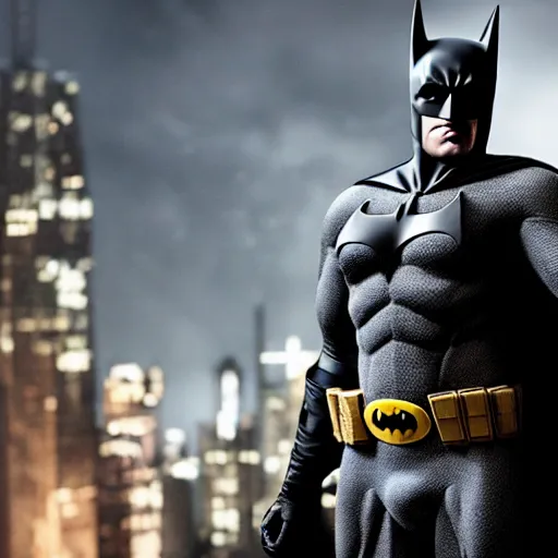 Image similar to hyper realistic photograph of Batman played by Mr. Bean, 4k, Carl Zeiss, sigma, Tamron so 85mm, stunning gotham city backdrop, gritty, detailed set design, award winning costume design, cinematic, action scenes