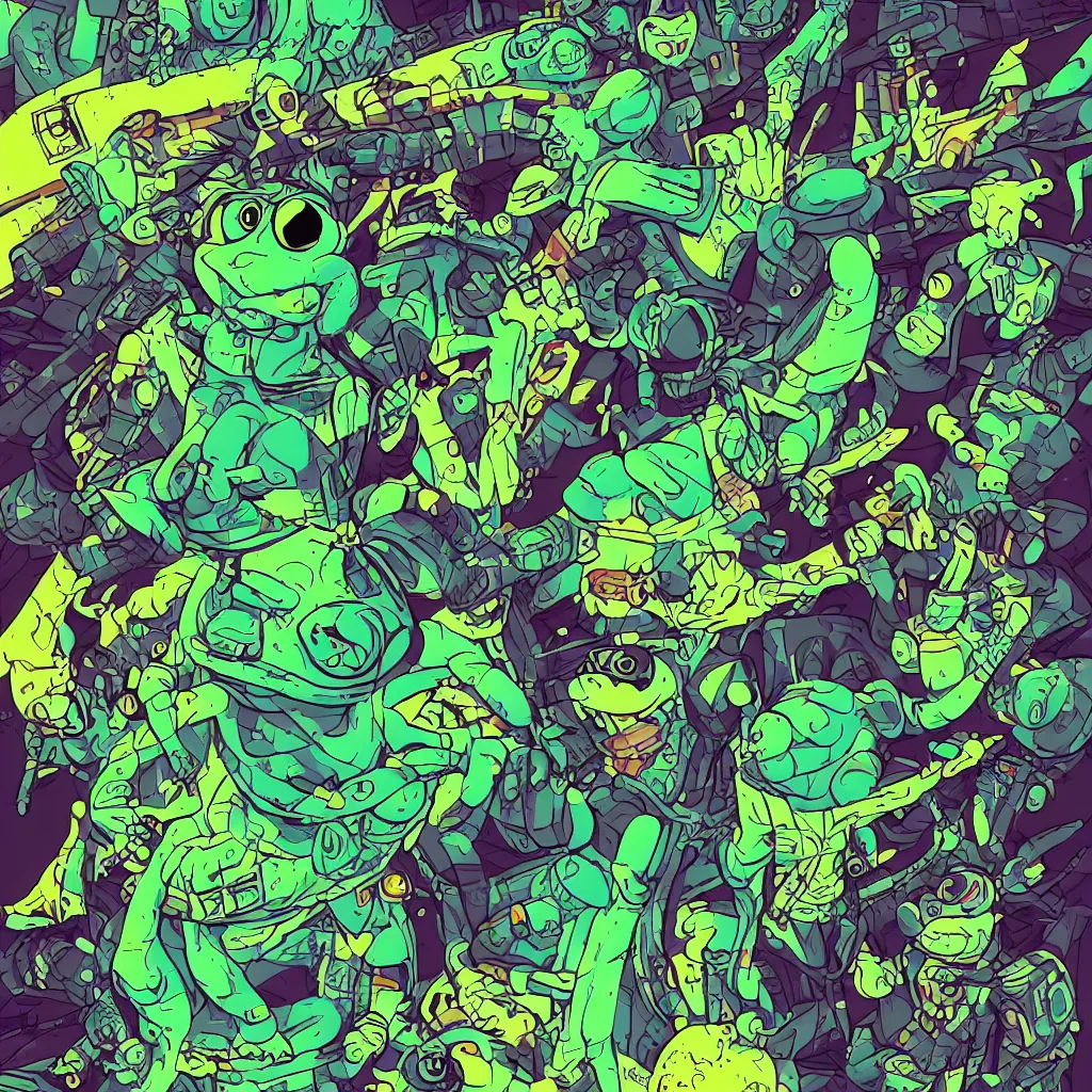 Image similar to toad head, ryuta ueda artwork, breakcore, style of jet set radio, y 2 k, gloom, space, cel - shaded art style, frogs, amphibians, sacred geometry, data, minimal, code, cybernetic, dark, eerie, cyber