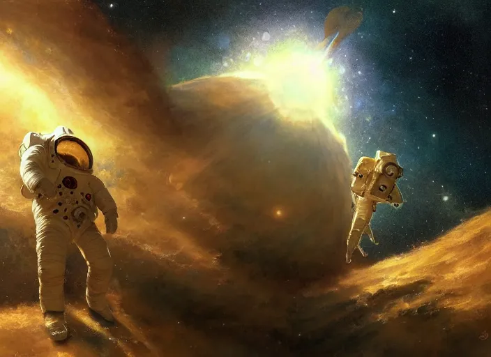 Image similar to craig mullins and ghibli digital illustration of an astronaut floating in the middle of the cosmos playing the oud!!! improvisation, full body!!!, strong contrast, earth, galaxies, ethereal, inviting, bright, unreal engine, hyper realism, realistic shading, cinematic composition, wide shot