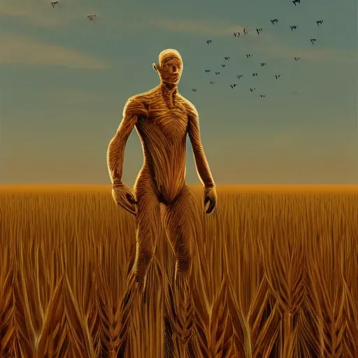 Prompt: an unsightly skin walker standing in a vast wheat field, hyper-detailed, artstation, digital art