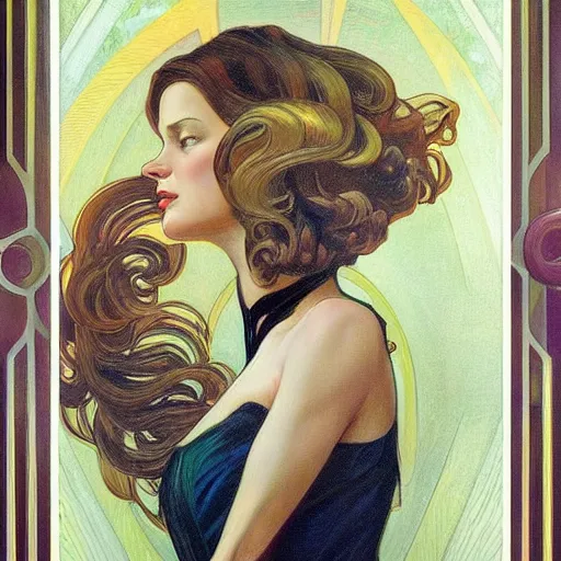 Image similar to a streamline moderne painting in the style of donato giancola, and in the style of charlie bowater, and in the style of alphonse mucha. symmetry, smooth, sharp focus, semi - realism, intricate detail.