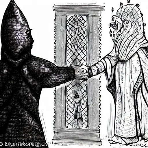 Image similar to A lizard person shaking hands with a religious icon, concept art