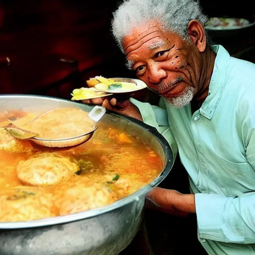 Image similar to morgan freeman as bakso seller