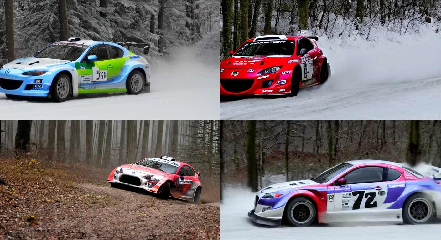 Prompt: a 2 0 1 1 mazda rx - 8 r 3, racing through a rally stage in a snowy forest
