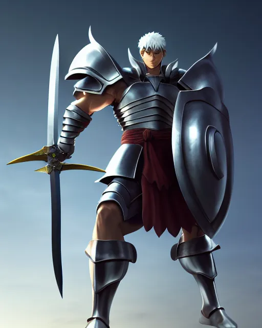 Image similar to strong muscular warrior with a greatsword and fully clad in plate armor, dramatic action pose, square masculine facial features, short messy hair, 3 d octane render, unreal engine 5, ultra high detail, cel shaded, trending on pixiv fanbox, by greg rutkowski makoto shinkai takashi takeuchi studio ghibli, akihiko yoshida