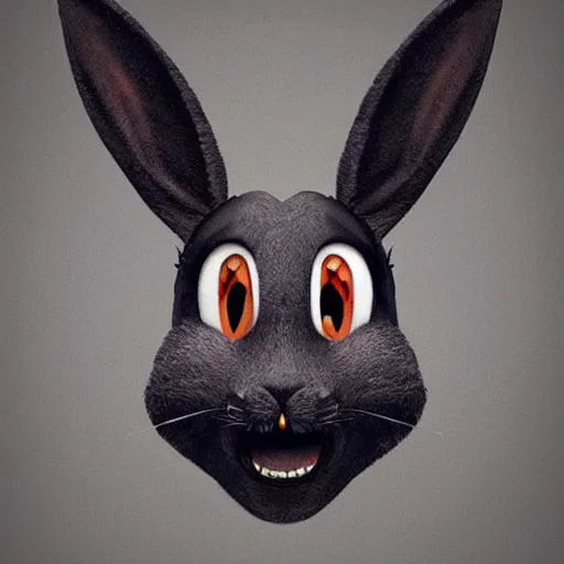 Image similar to A extremely highly detailed majestic hi-res beautiful, highly detailed head and shoulders portrait of a scary terrifying, horrifying, creepy black cartoon rabbit with scary big eyes, earing a shirt laughing, hey buddy, let's be friends, in the style of Walt Disney