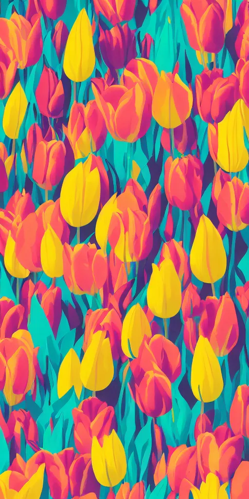 Prompt: cursed multicolored tulips, tom whalen, james gilleard, liam brazier, tristan eaton