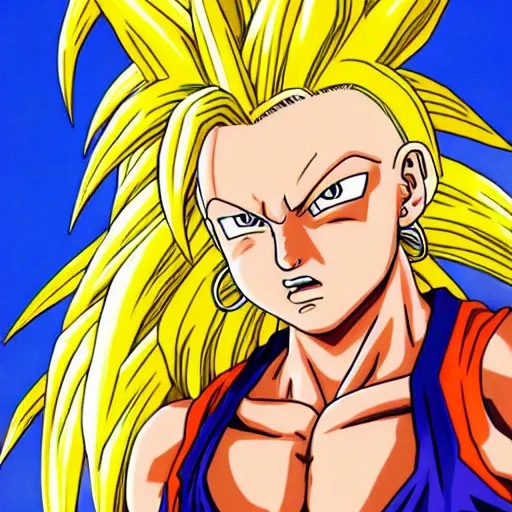 Image similar to ultra realistic portrait painting of britney spears as super saiyan, art by akira toriyama, 4 k, dragon ball artstyle, cel shaded, highly detailed, epic lighting