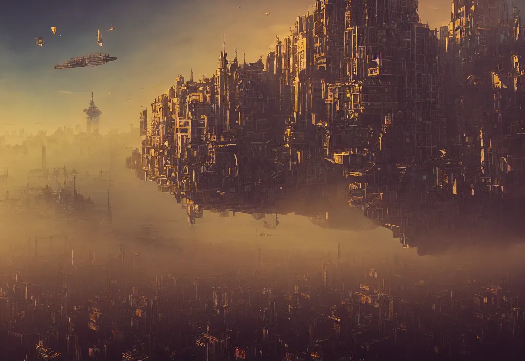 Image similar to flying city by alena aenami, zeppelin dock, city in the air, buildings are flying, mist below buildings, steampunk, digital art, 4 k, trending on artstation, impressive, epic composition, highly detailed, golden hour, no ground