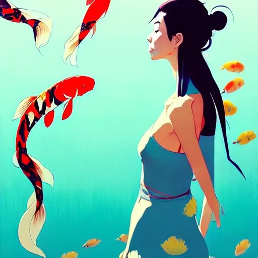 Image similar to a ultradetailed beautiful panting of a stylish woman surrounded by floating koi fish, by conrad roset, greg rutkowski and makoto shinkai, trending on artstation