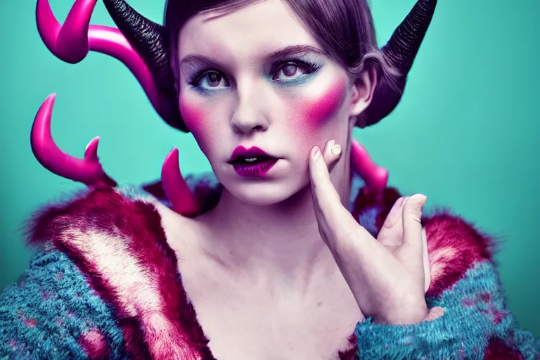 Image similar to pretty demon girl with horns photograph in the style of clemens ascher, colorful, realistic, 8 k