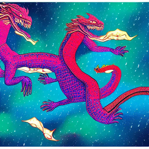 Image similar to the fighting dragons of ara nebula in the style of David Hockney, high contrast colors, brush strokes, illustration, 4K