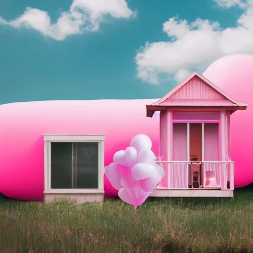 Image similar to dream a 5 0 mm lens photograph of a cute pink floating modern house, floating in the air between clouds, inspired by the movie up, held up from above by heart ballons. mist, playful composition canon, nikon, award winning, photo of the year