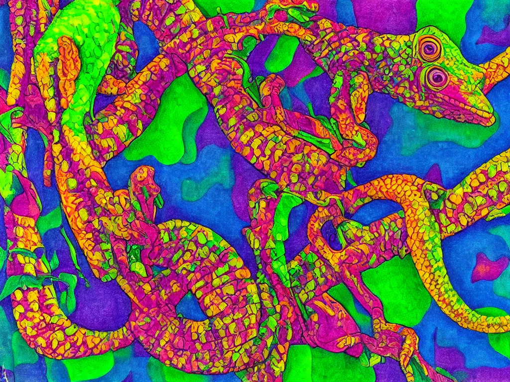 Image similar to chameleon, high detail, highly abstract, vivid colors, a little bit touch of M. C. Escher