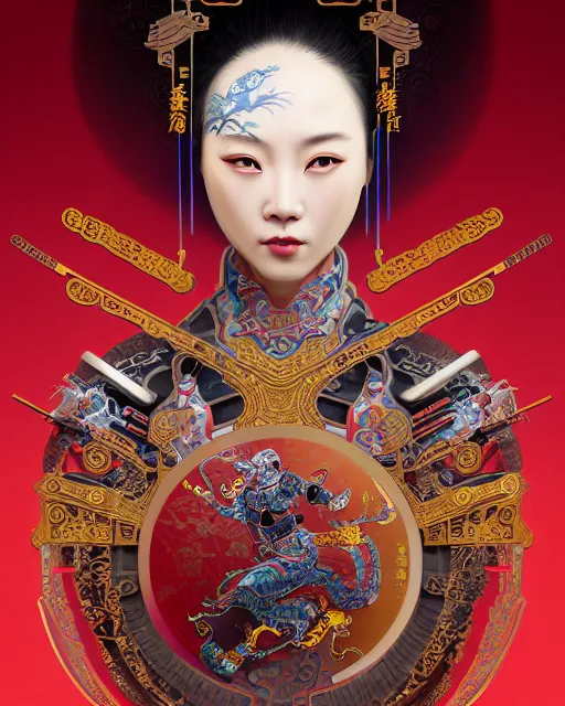 Image similar to portrait of a chinese cyberpunk machine, machine face, arms, upper half portrait, decorated with chinese opera motifs, regal, asian, fine china, wuxia, traditional chinese art intricate intense elegant 京 剧 highly detailed digital painting artstation concept art smooth sharp focus illustration, art by artgerm and greg rutkowski alphonse mucha 8 k