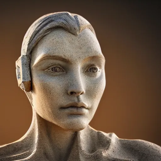 Prompt: the head of a marble cybernetic lady justice statue on ground covered in sand, cyberpunk background, highly detailed, epic lighting, hyper photorealism, 8 k