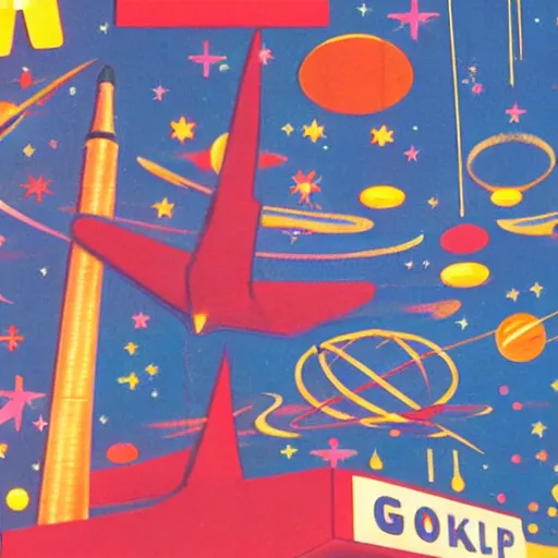 Prompt: Googie Kitsch aesthetic, Liminal space in outer space, googie motifs